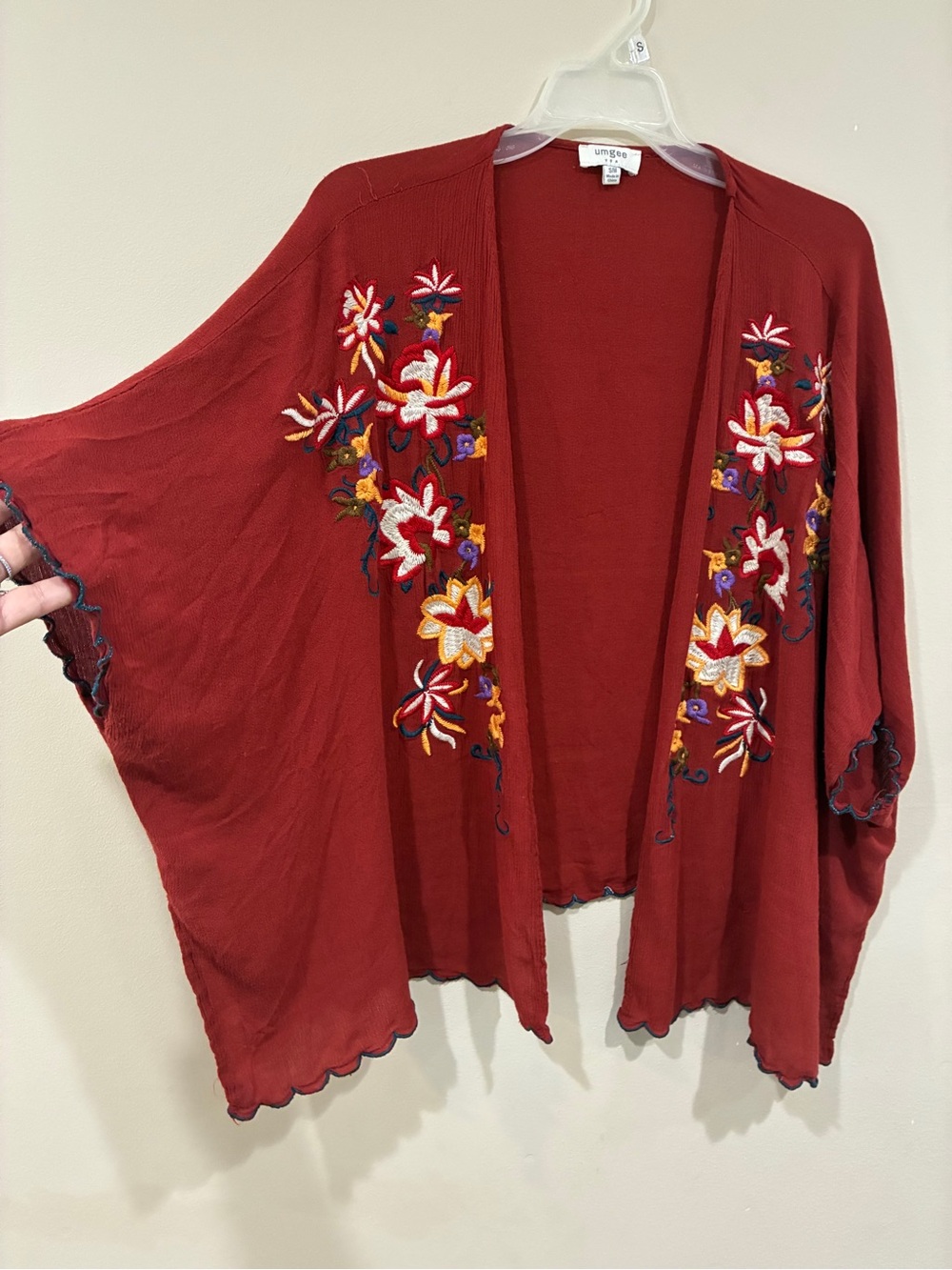 Umgee Burnt Red Open-Front Embroidered Kimono